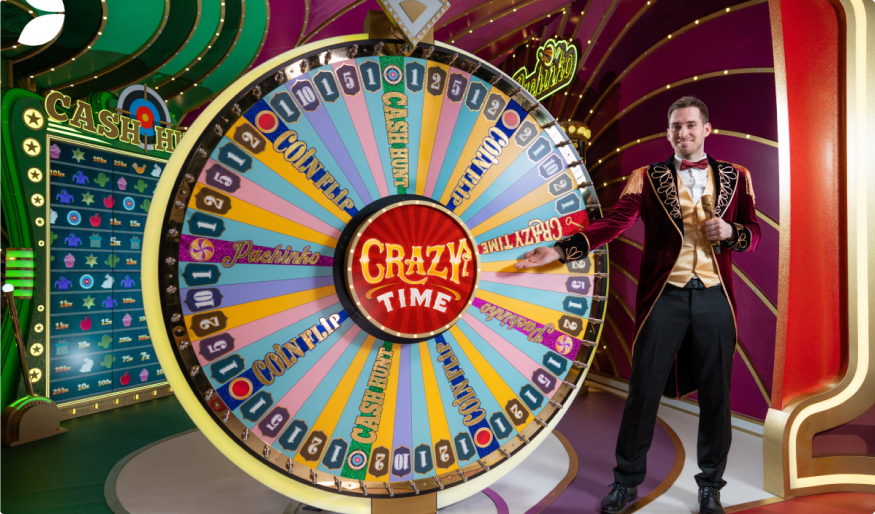 Live Dealer zeigt das Crazy Time Glücksrad.